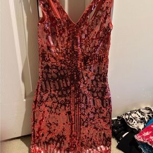 bebe Sparkling Red/pink Sequin leopard print Mini stretch Dress worn for 1 hour